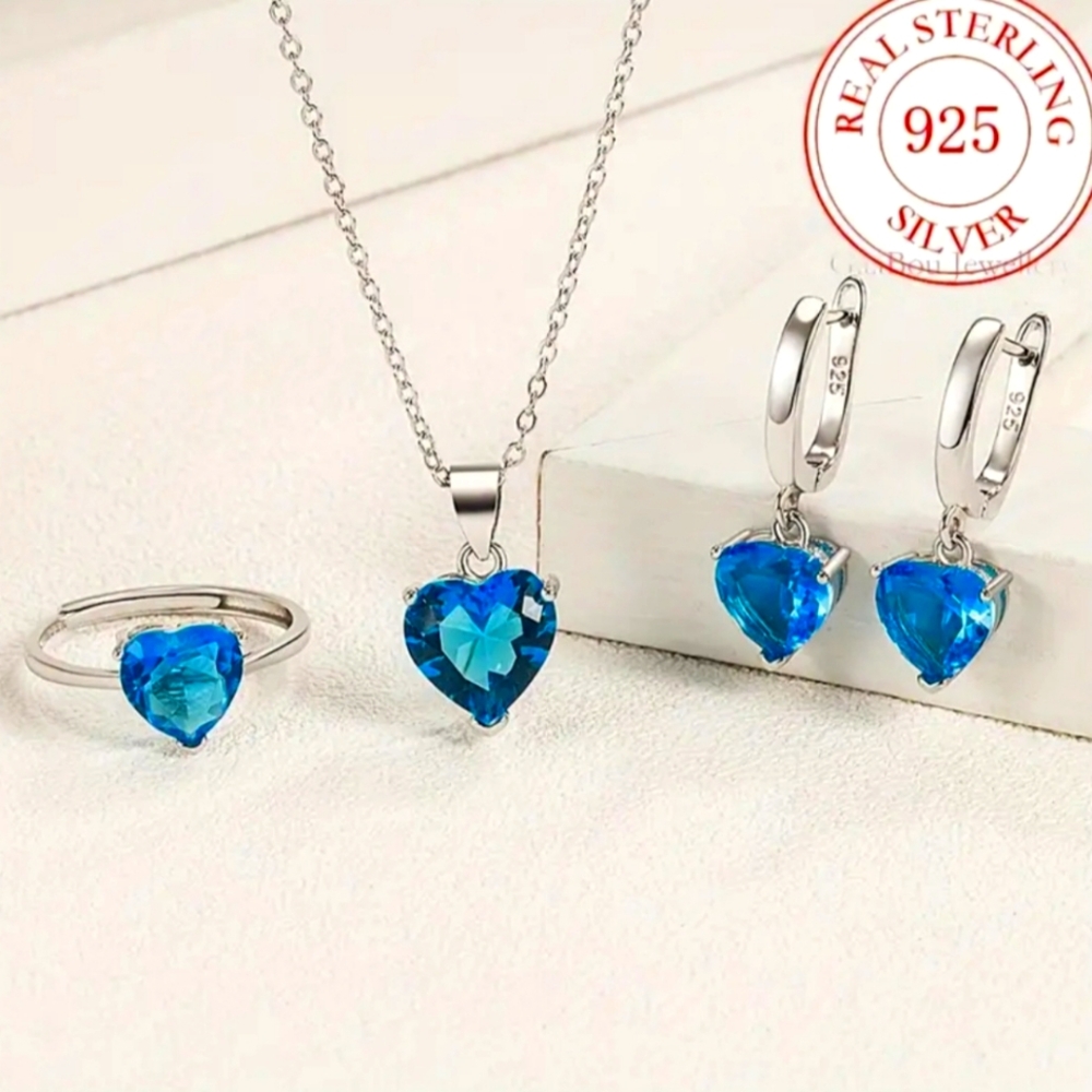 925 Sterling Silver Romantic Heart-Shaped Cubic Zirconia Necklace, Ring, And Ear